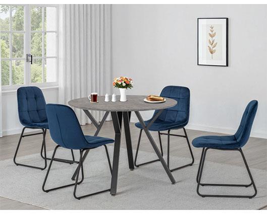 ATHENS ROUND & LUKAS DINING SET (X4 CHAIRS) - CONCRETE/EMERALD GREEN VELVET