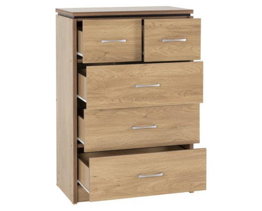 Cordell 3+2 Drawer Chest - Oak Effect Veneer with Walnut Trim