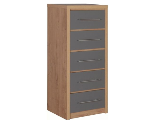 Santos 5 Drawer Narrow Chest - Grey High Gloss/Light Oak Effect Veneer