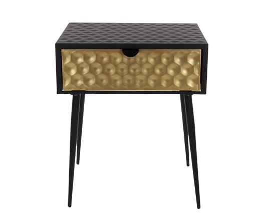 Jupiter metal 1 drawer bedside cabinet, gold drawer with black handle and legs