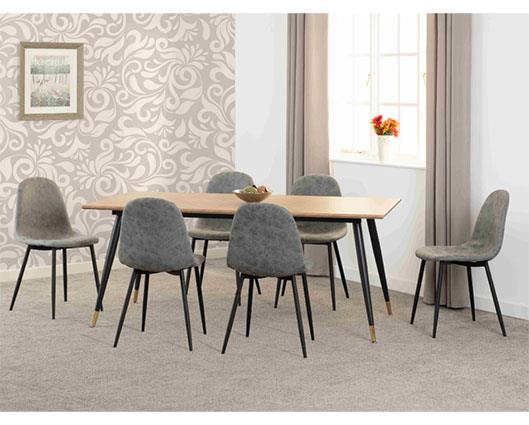 HAMILTON & ATHENS LARGE DINING SET (X6 CHAIRS) - MEDIUM OAK EFFECT/GREY FAUX LEATHER