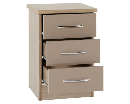 Neptune 3 Drawer Bedside Chest - Oyster Gloss/Light Oak Effect Veneer