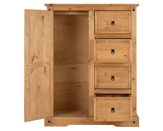 Corona 1 Door 4 Drawer Low Wardrobe - Distressed Waxed Pine