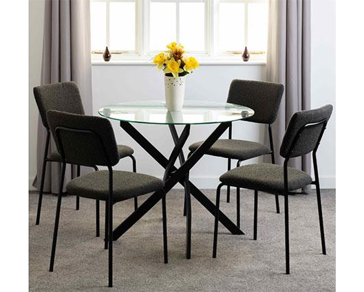 SHELDON ROUND GLASS TOP DINING SET (X4 CHAIRS) - CLEAR GLASS/GREY BOUCLE FABRIC