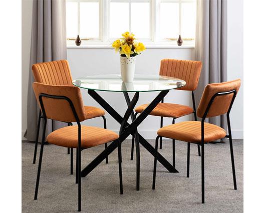 SHELDON ROUND GLASS TOP DINING SET (X4 CHAIRS) - CLEAR GLASS/BURNT ORANGE VELVET FABRIC