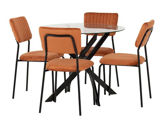 SHELDON ROUND GLASS TOP DINING SET (X4 CHAIRS) - CLEAR GLASS/BURNT ORANGE VELVET FABRIC