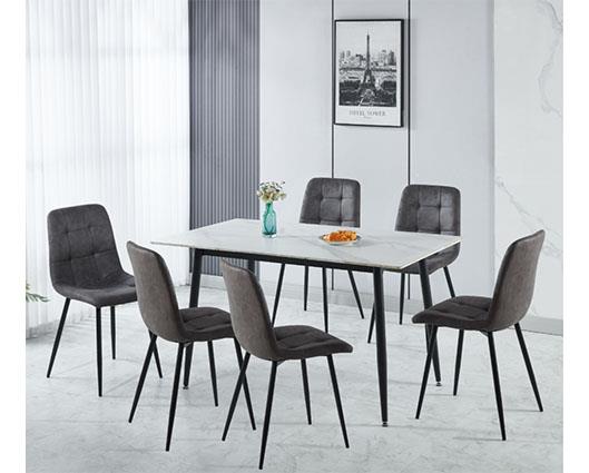 FENTON DINING SET (X6 CHAIRS) - WHITE/DARK GREY SUEDE FABRIC