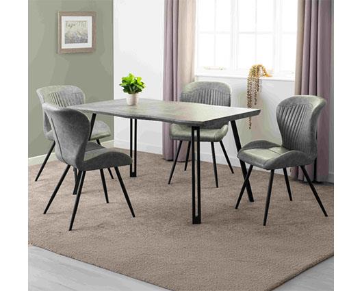 QUEBEC WAVE EDGE DINING SET (X4 CHAIRS) - CONCRETE EFFECT/GREY FAUX LEATHER