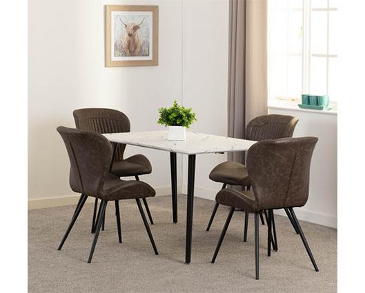 MARLOW & QUEBEC DINING SET (X4 CHAIRS) - WHITE MARBLE/BROWN FAUX LEATHER