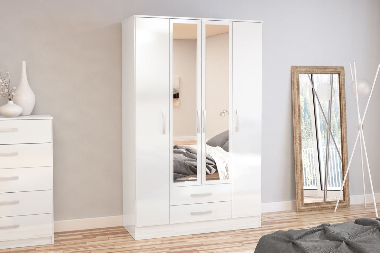 Larz 4 Door 2 Drawer Wardrobe With Mirror-White