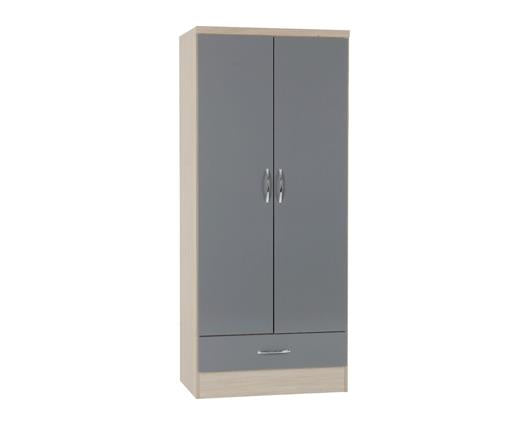 NEVADA 2 DOOR 1 DRAWER WARDROBE BEDROOM SET - GREY GLOSS/LIGHT OAK EFFECT VENEER