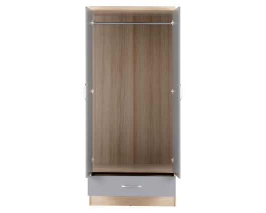 Neptune Mirrored 2 Door 1 Drawer Wardrobe - Grey Gloss/Light Oak Effect Veneer