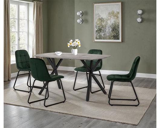 ATHENS RECT & LUKAS DINING SET (X4 CHAIRS) - CONCRETE/EMERALD GREEN VELVET