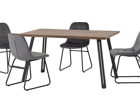 QUEBEC STRAIGHT & LUKAS DINING SET (X4 CHAIRS) - MEDIUM OAK EFFECT/GREY VELVET