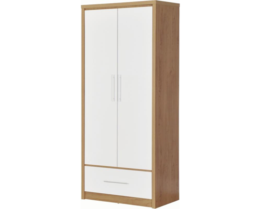 Santos 2 Door 1 Drawer Wardrobe - White High Gloss/Light Oak Effect Veneer