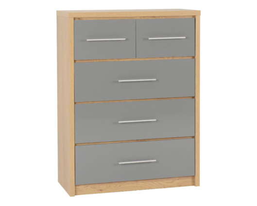 Santos 3+2 Drawer Chest - Grey High Gloss/Light Oak Effect Veneer
