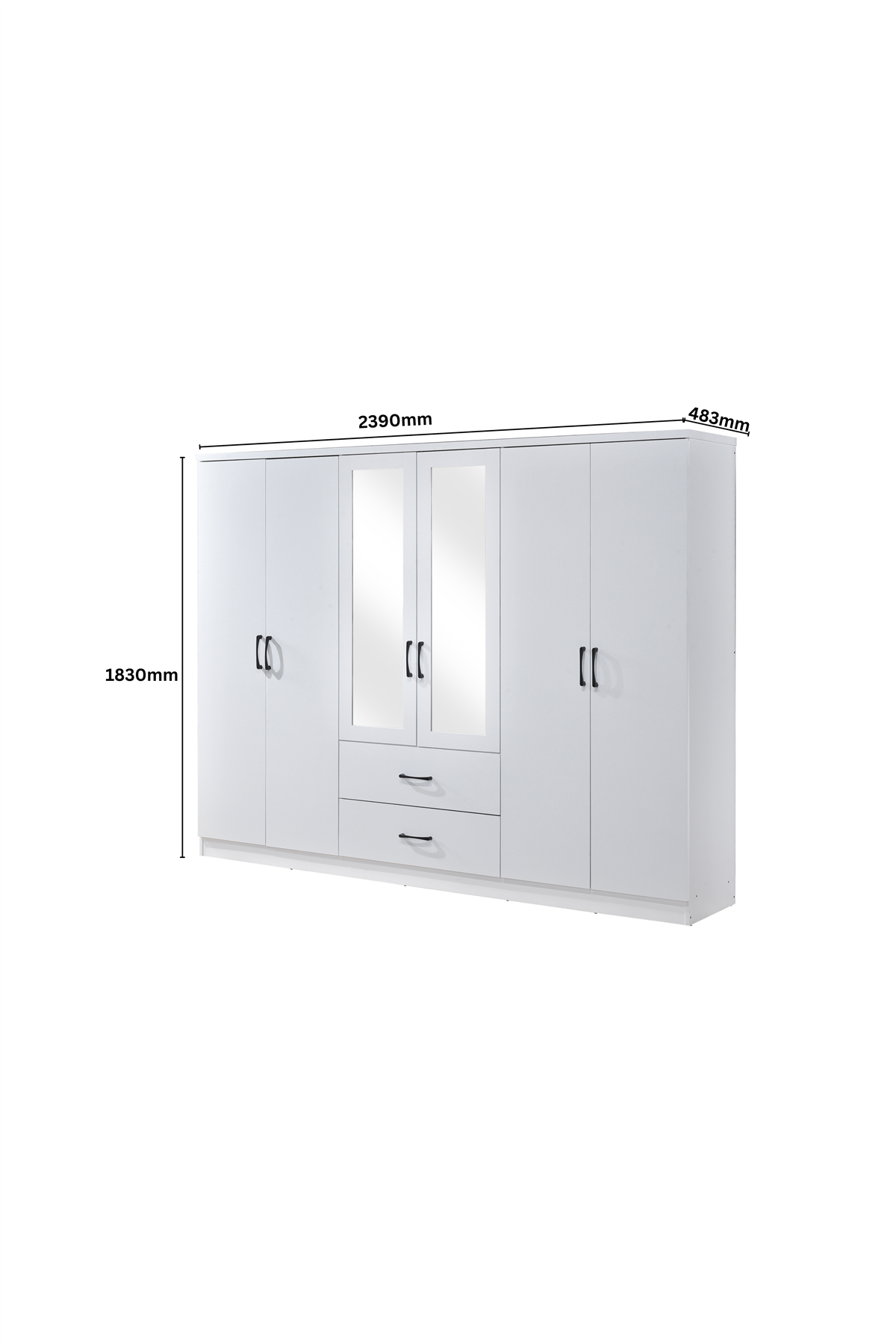 6 Door Wardrobe - White (Black Handles)