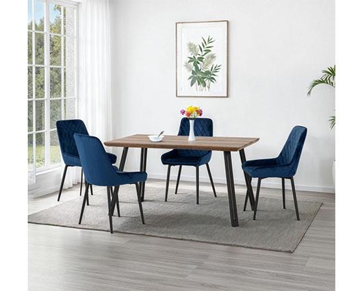 QUEBEC STRAIGHT & AVERY DINING SET (X4 CHAIRS) - MEDIUM OAK EFFECT/SAPPHIRE BLUE VELVET