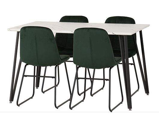 MARLOW & LUKAS DINING SET (X4 CHAIRS) - WHITE MARBLE/EMERALD GREEN VELVET