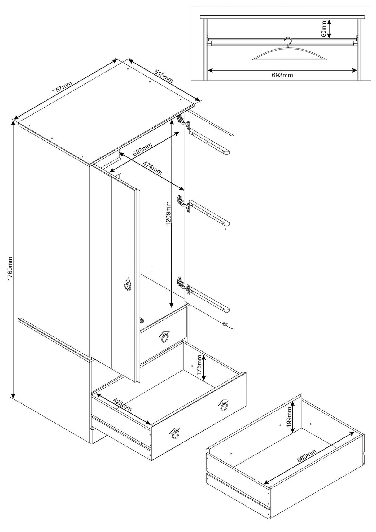 Corona Classic 2 door, 2 drawer wardrobe
