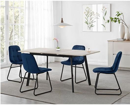 AVERY & LUKAS EXTENDING DINING SET (X4 CHAIRS) - CONCRETE/SAPPHIRE BLUE VELVET