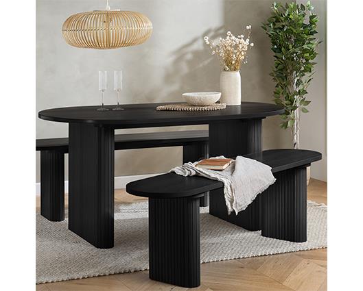 Axel Oval Fluted Dining Table with 2 Benches - Black
