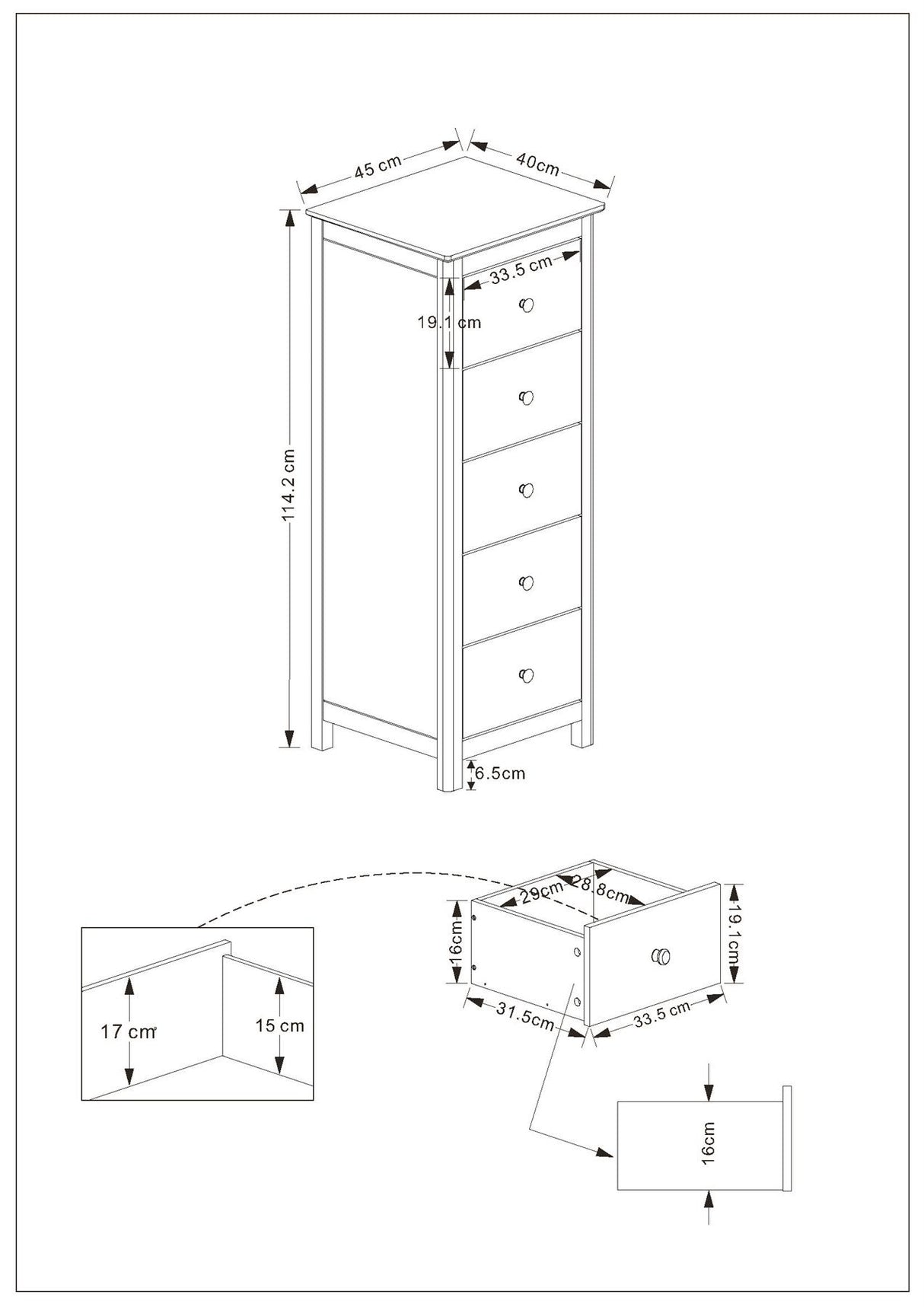 Nairn White 5 drawer narrow chest of drawers