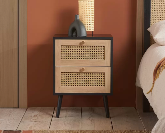 Catalina 2 Drawer Rattan Bedside- Black