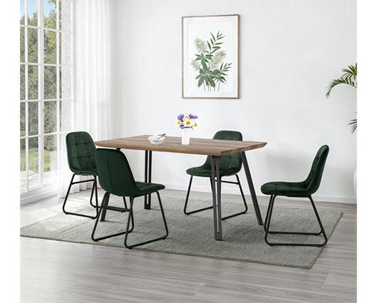 QUEBEC STRAIGHT & LUKAS DINING SET (X4 CHAIRS) - MEDIUM OAK EFFECT/EMERALD GREEN VELVET