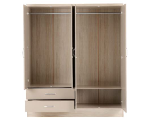 Neptune 4 Door 2 Drawer Mirrored Wardrobe - Oyster Gloss/Light Oak Effect Veneer