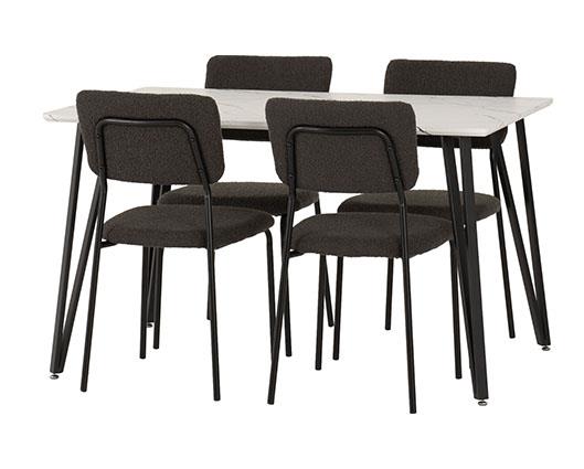 MARLOW & SHELDON DINING SET (X4 CHAIRS) - WHITE MARBLE/GREY BOUCLE FABRIC