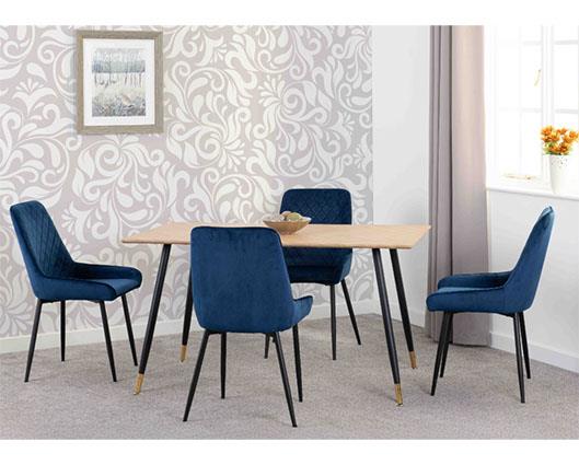 HAMILTON & AVERY MEDIUM DINING SET (X4 CHAIRS) - MEDIUM OAK EFFECT/SAPPHIRE BLUE VELVET