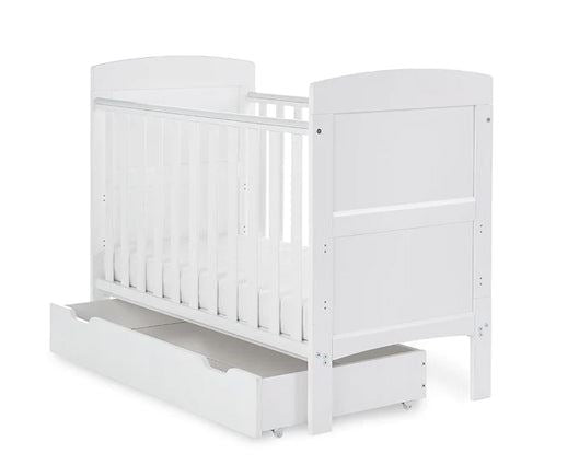 Grace Mini Cot Bed, Under Drawer + Fibre Mattress - White