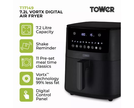 Vortx 7.2L Digital Air Fryer 1650W and Tower Single Basket Air Fryer Cookbook