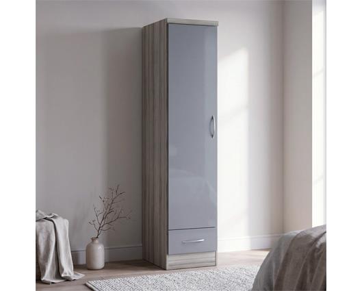 NEVADA 1 DOOR 1 DRAWER WARDROBE - GREY GLOSS/LIGHT OAK EFFECT VENEER