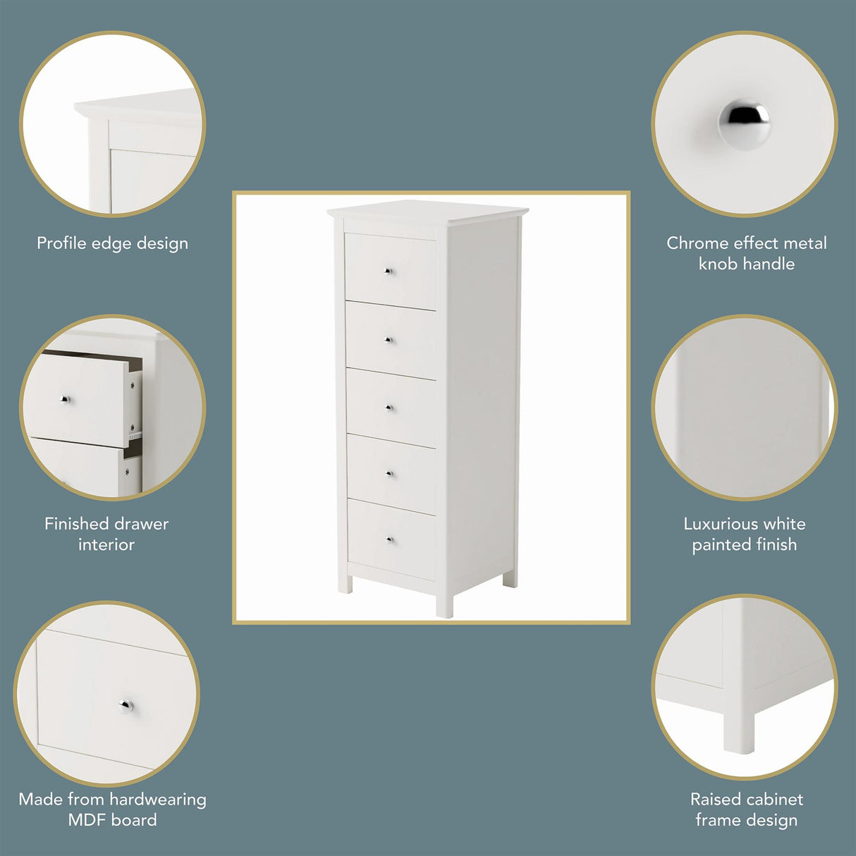 Nairn White 5 drawer narrow chest of drawers