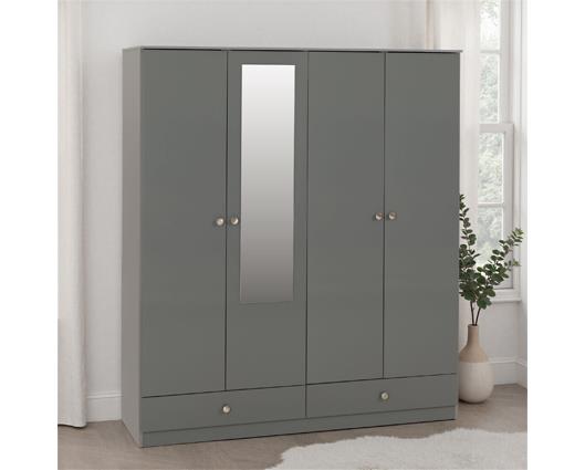 DENVER 4 DOOR 2 DRAWER MIRRORED WARDROBE - GREY GLOSS