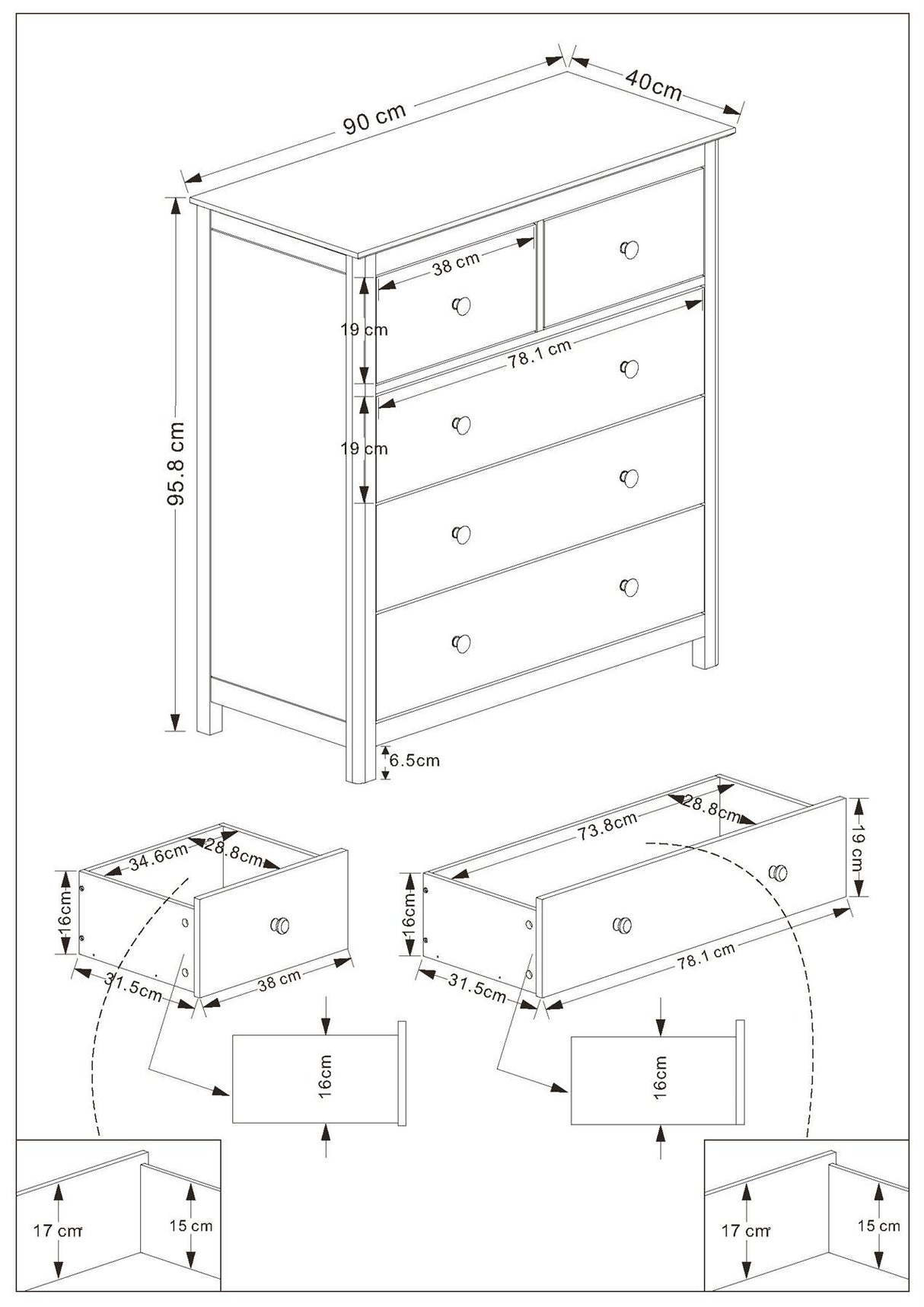 Nairn White 2+3 drawer chest of drawers