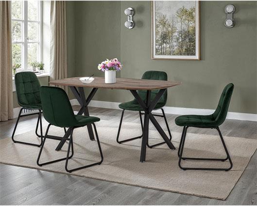 ATHENS RECT & LUKAS DINING SET (X4 CHAIRS) - MEDIUM OAK EFFECT/EMERALD GREEN VELVET