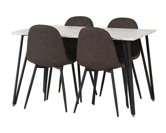 MARLOW & ATHENS DINING SET (X4 CHAIRS) - WHITE MARBLE/BROWN FAUX LEATHER