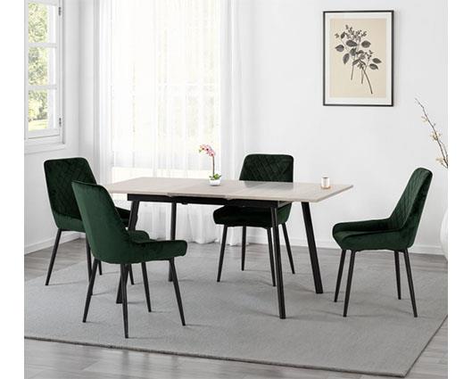 AVERY EXTENDING DINING SET (X4 CHAIRS) - CONCRETE/EMERALD GREEN VELVET