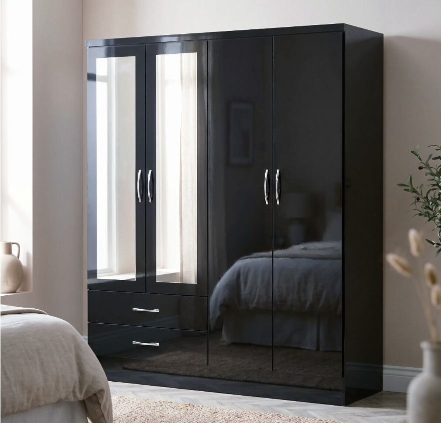 NEVADA 4 DOOR 2 DRAWER WARDROBE - BLACK GLOSS