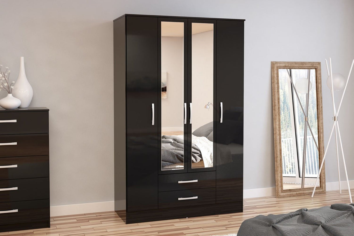 Larz 4 Door 2 Drawer Wardrobe With Mirror-Black