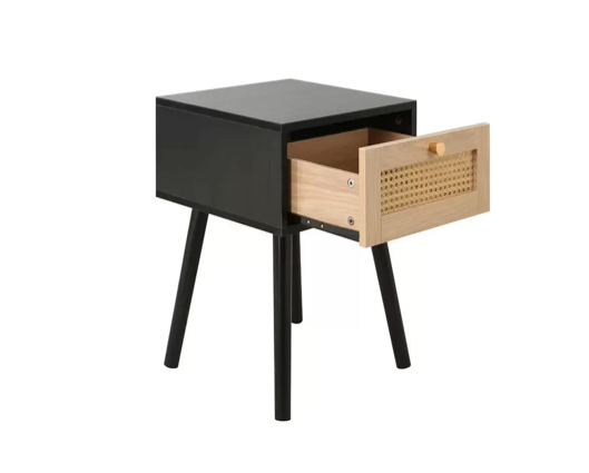 Catalina 1 Drawer Rattan Bedside- Black