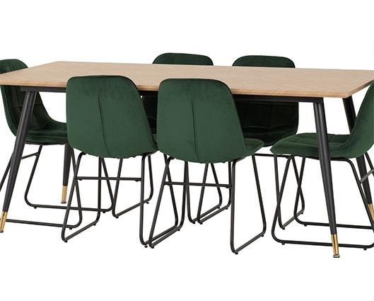 HAMILTON & LUKAS LARGE DINING SET (X6 CHAIRS) - MEDIUM OAK EFFECT/EMERALD GREEN VELVET