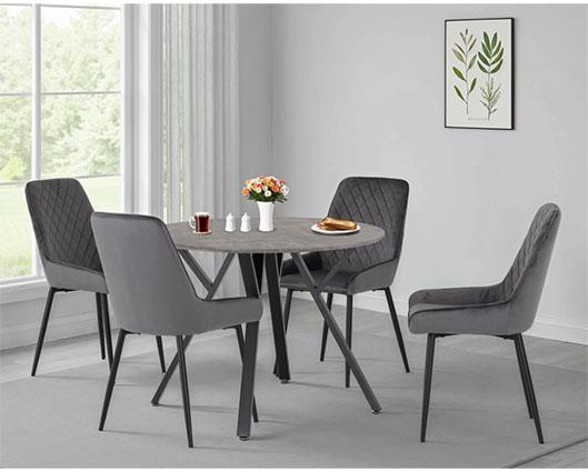 ATHENS ROUND & AVERY DINING SET (X4 CHAIRS) - CONCRETE/GREY VELVET