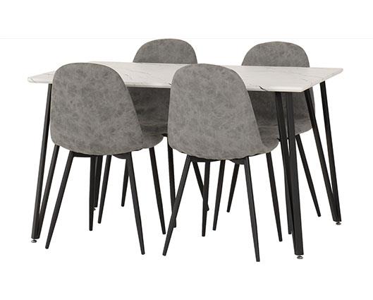 MARLOW & ATHENS DINING SET (X4 CHAIRS) - WHITE MARBLE/GREY FAUX LEATHER