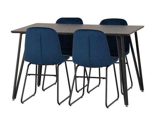 MARLOW & LUKAS DINING SET (X4 CHAIRS) - BLACK MARBLE/SAPPHIRE BLUE VELVET