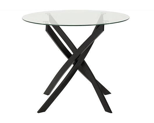 SHELDON ROUND GLASS TOP DINING SET (X4 CHAIRS) - CLEAR GLASS/GREY BOUCLE FABRIC