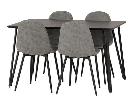 MARLOW & ATHENS DINING SET (X4 CHAIRS) - BLACK MARBLE/GREY FAUX LEATHER